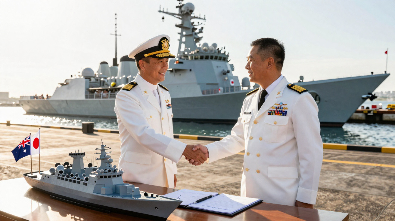 Zwei Marineoffiziere in Uniform geben sich am Hafen die Hand, im Hintergrund Kriegsschiff und Modell eines Schiffes.