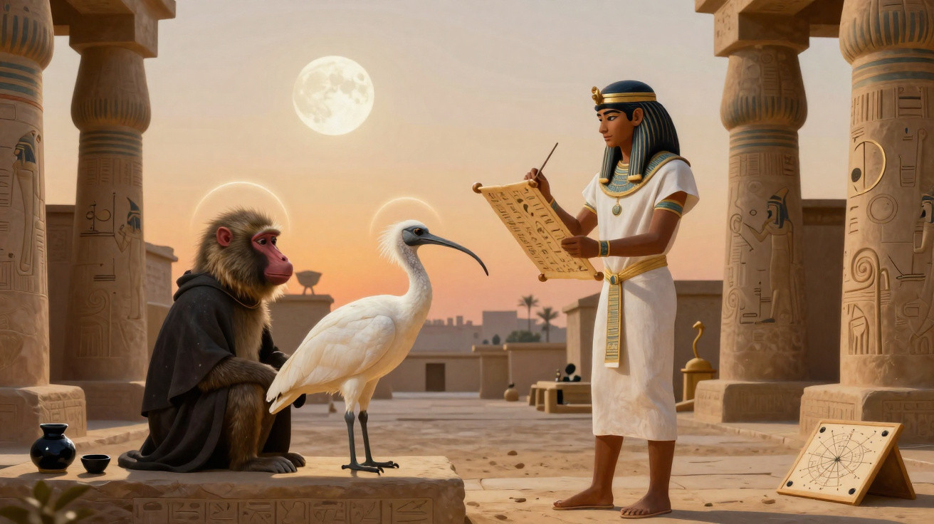 Ägyptischer Schreiber, Pavian und Ibissvogel mit Heiligenscheinen in antikem Tempel bei Vollmond.