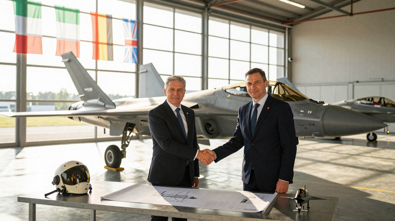 Zwei Männer in Anzügen schütteln sich vor einem Kampfjet in einem Hangar die Hand, Pläne liegen auf dem Tisch.