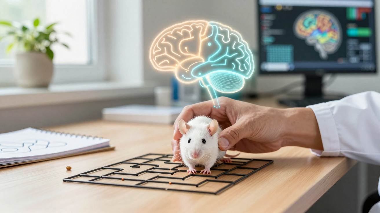 Hand hält weiße Laborratte auf Tisch mit holografischem Gehirn und Gehirnscan auf Monitor im Hintergrund.