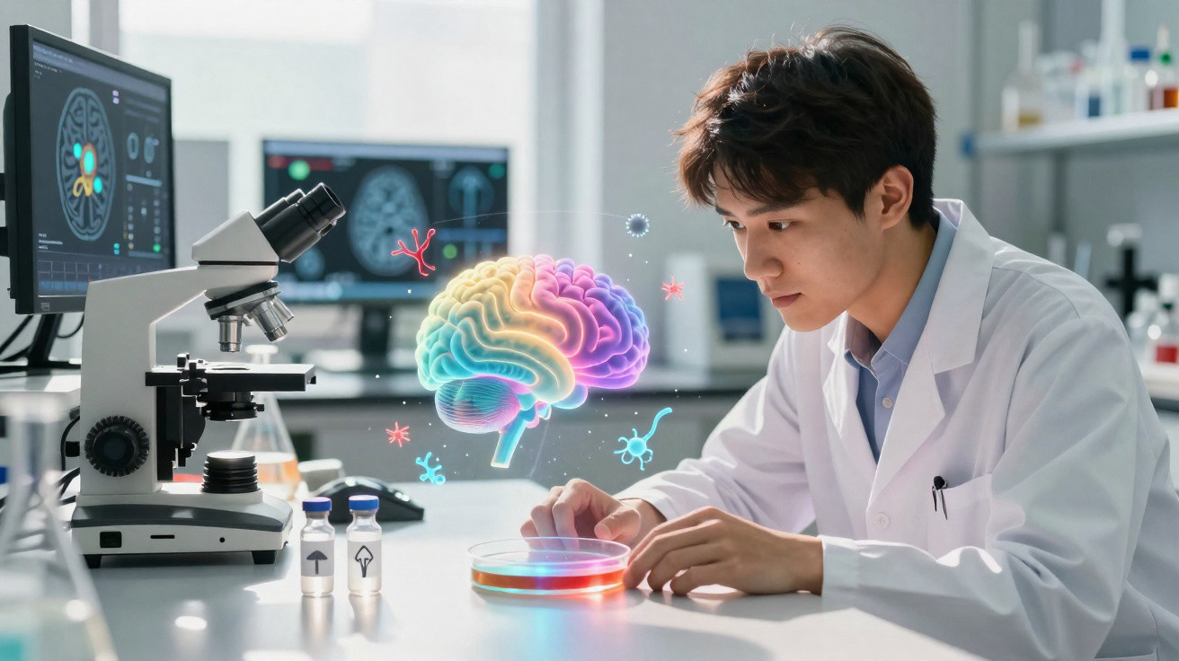 Wissenschaftler im Labor untersucht Gehirnforschung mit digitalen Hirnbildern und Petrischale vor Mikroskop.