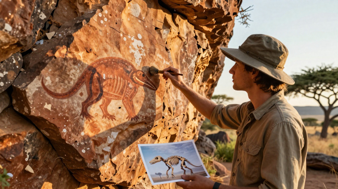 Mann malt ein prähistorisches Dino-Fossilbild auf einen Felsen in einer afrikanischen Savannenlandschaft.