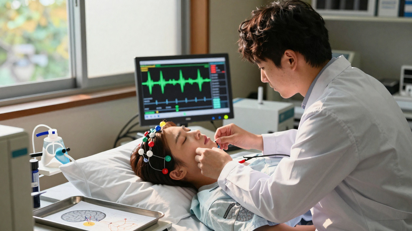 Arzt führt Elektrodenanbringung bei Patientin für EEG im Krankenhaus durch, Herzfrequenz-Monitor im Hintergrund.