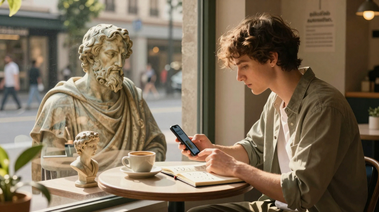 Junger Mann sitzt im Café, blickt auf Smartphone, neben ihm antike Skulpturen am Fenster.