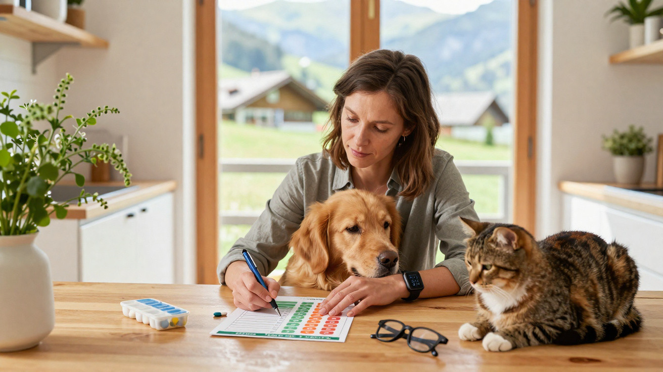 Frau füllt Tabelle aus, Hund schaut über Arm, Katze liegt auf Holztisch, Fenster mit Bergblick im Hintergrund.