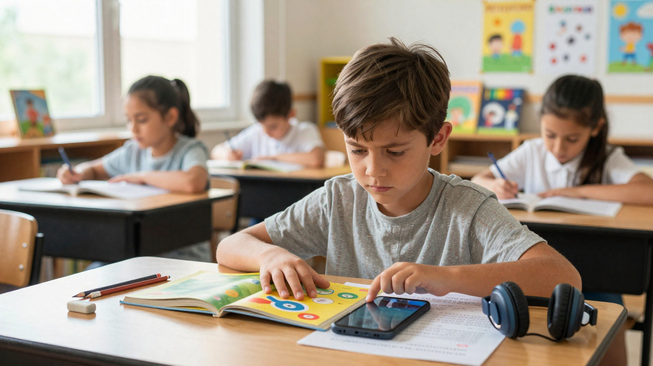 Junge liest Buch und benutzt Smartphone im Klassenzimmer, drei weitere Kinder schreiben im Hintergrund.