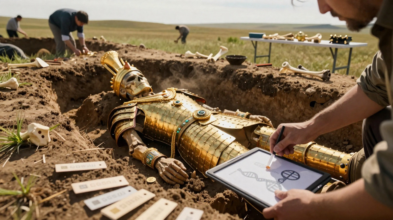 Archäologen graben eine goldene Ritterstatue aus und zeichnen DNA-Informationen auf einem Tablet auf.