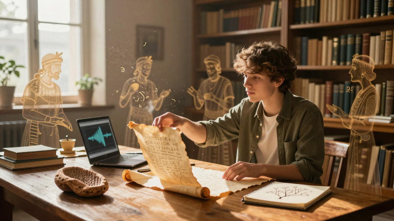Junger Mann in Bibliothek liest antike Schriftrolle, umgeben von historischen Hologrammfiguren.