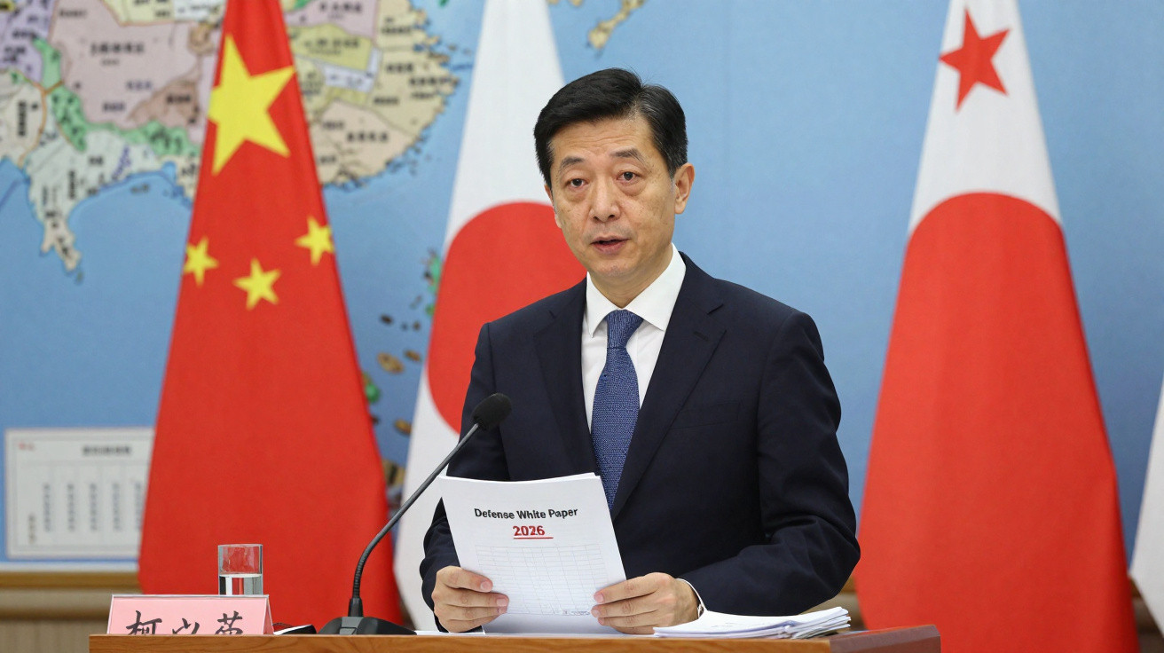Mann in Anzug hält Rede vor Mikrofon, im Hintergrund Flaggen von China und Japan sowie Landkarte.