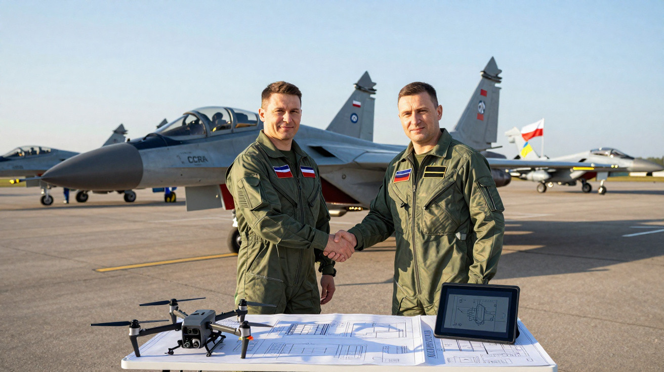 Zwei Piloten in Uniform schütteln hinter einem Tisch mit Drohne und Plänen vor Kampfjets die Hand.