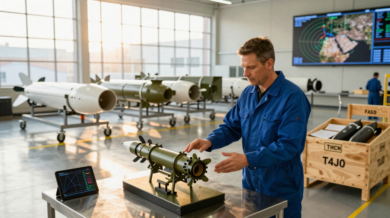 Mann im blauen Overall überprüft eine Raketenkomponente in einer modernen Militärfabrik mit großen Bildschirmen.
