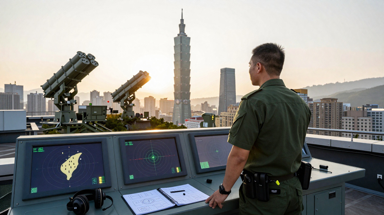 Militärangehöriger überwacht Radarbilder auf einem Dach mit Blick auf den Taipei 101 bei Sonnenuntergang.