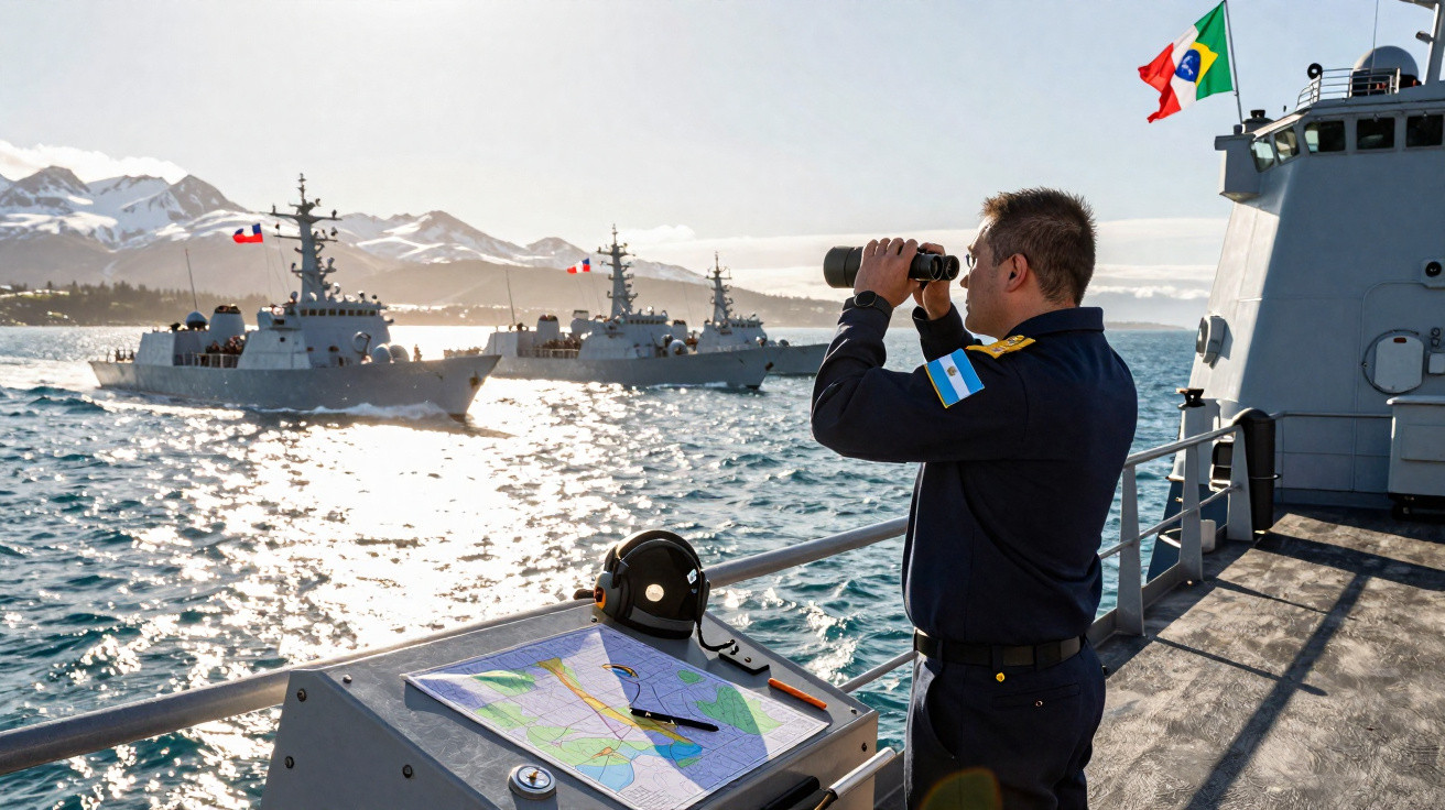 Marineoffizier auf Schiff beobachtet mit Fernglas zwei Marineschiffe auf Meer mit schneebedeckten Bergen im Hintergrund