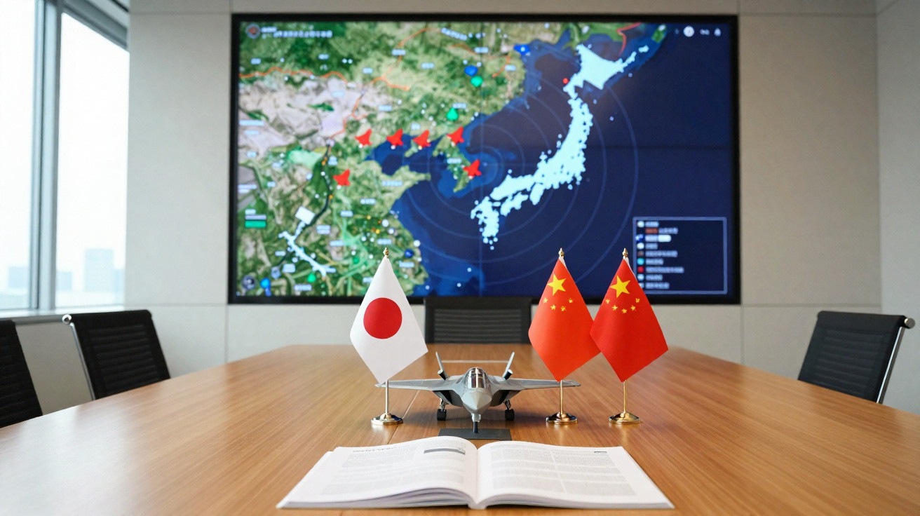 Konferenztisch mit Modellflugzeug, japanischer und chinesischer Flagge, offenes Buch und digitaler Asienkarte im Hintergrund.