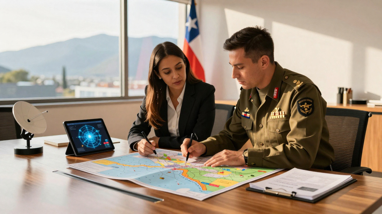 Militärangehöriger und Frau beraten sich über eine Karte in einem Büro mit nationaler Flagge im Hintergrund.