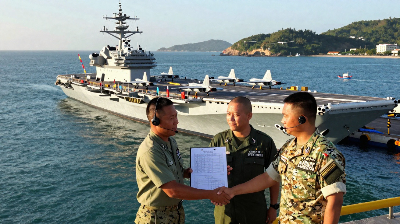 Drei Soldaten begrüßen sich vor einem Flugzeugträger im Hafen mit Insel und Meer im Hintergrund.
