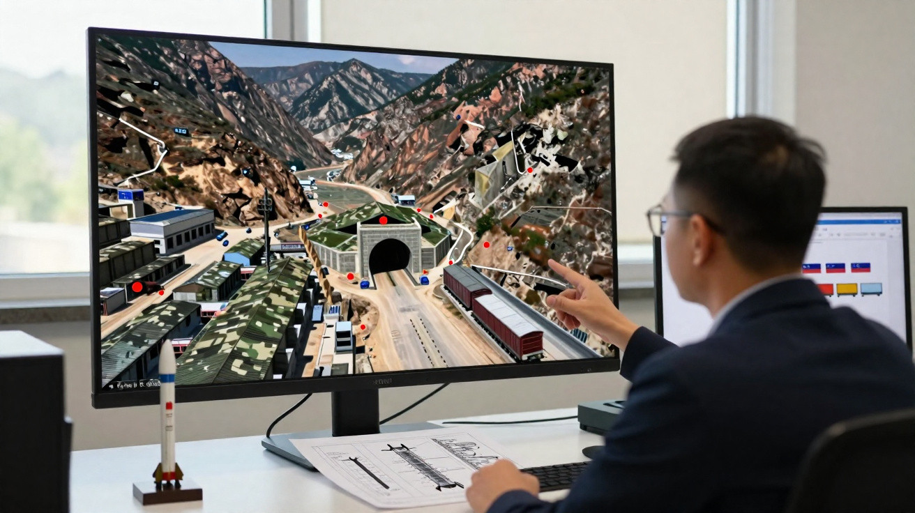 Mann zeigt auf Bildschirm mit 3D-Visualisierung eines Bergtunnels und umliegender Infrastruktur.