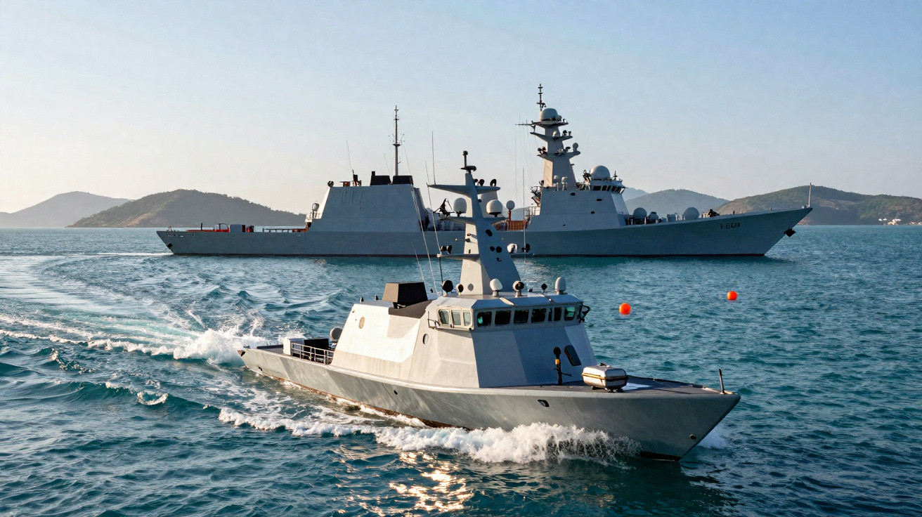 Zwei graue Militärschiffe fahren bei klarem Wetter auf ruhiger See mit Inseln im Hintergrund.