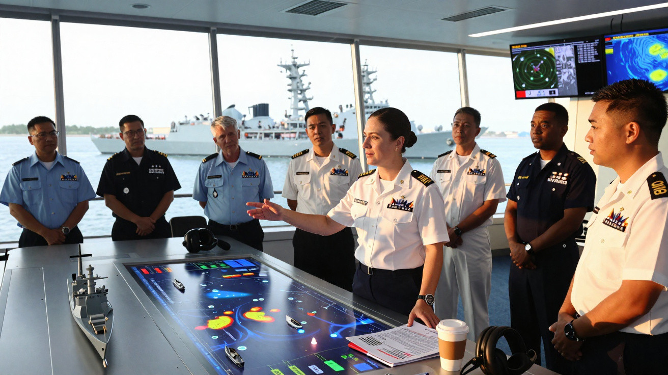 Marineoffiziere verschiedener Nationen besprechen taktische Marineeinsätze an einem digitalen Kommandotisch.