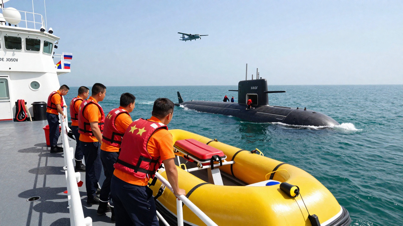 Mehrere Männer in orangen Westen auf Schiff beobachten schwarze U-Boot und fliegendes Flugzeug über dem Meer.