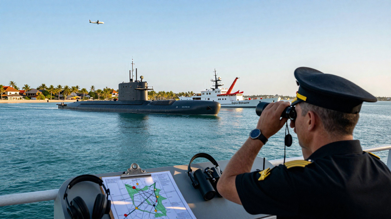 Marineoffizier blickt durch Fernglas auf U-Boot und Rettungsschiff nahe Küste mit Palmen und anfliegendem Flugzeug.