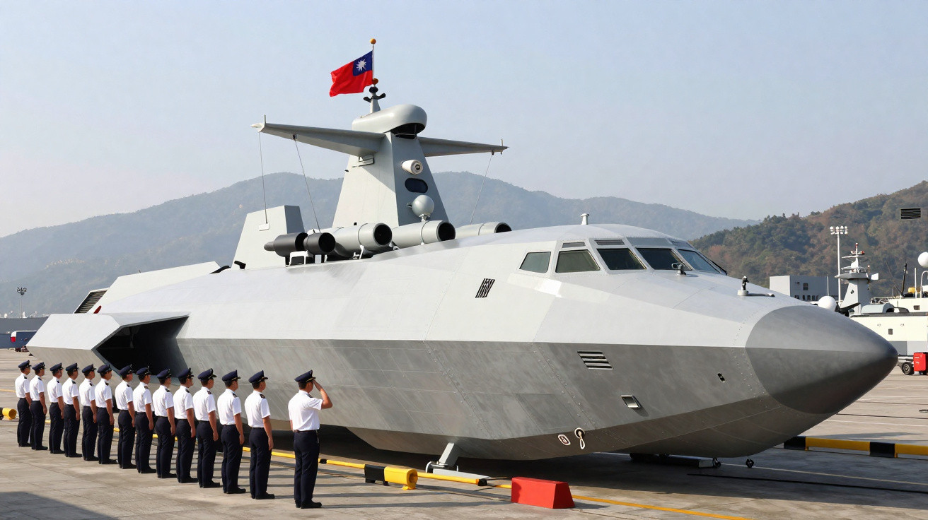 Marinecrew salutiert vor modernem Kriegsschiff mit taiwanesischer Flagge am Hafen bei klarem Himmel.