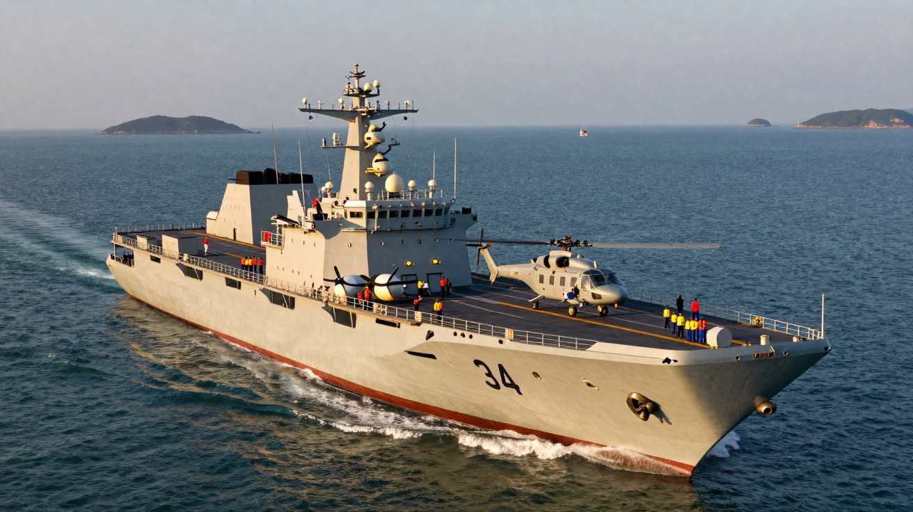 Militärisches Kriegsschiff Nummer 34 auf offenem Meer mit Helikopter und Besatzungsmitgliedern an Deck.