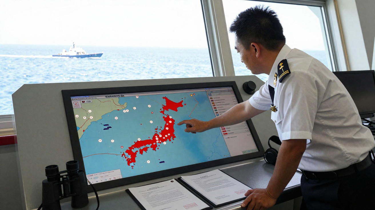 Marineoffizier zeigt auf einem Bildschirm eine angeschlossene Karte Japans auf einer Schiffsbrücke bei klarem Wetter.
