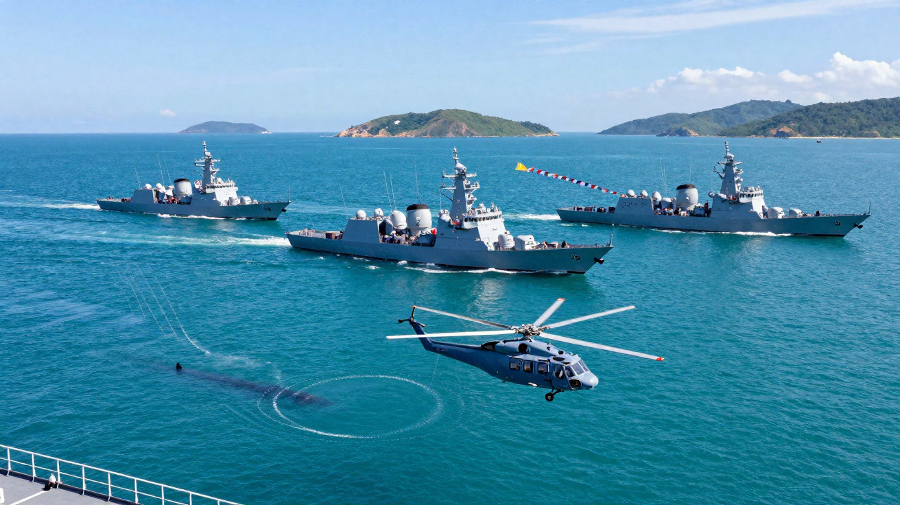 Drei Kriegsschiffe und ein fliegender Hubschrauber auf offenem Meer mit Inseln im Hintergrund.
