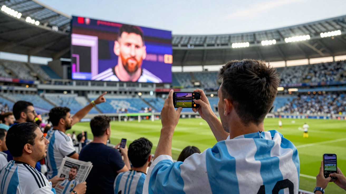 Fußballfans mit Argentinien-Trikots fotografieren Stadionanzeige mit Porträt von Spieler Messi.