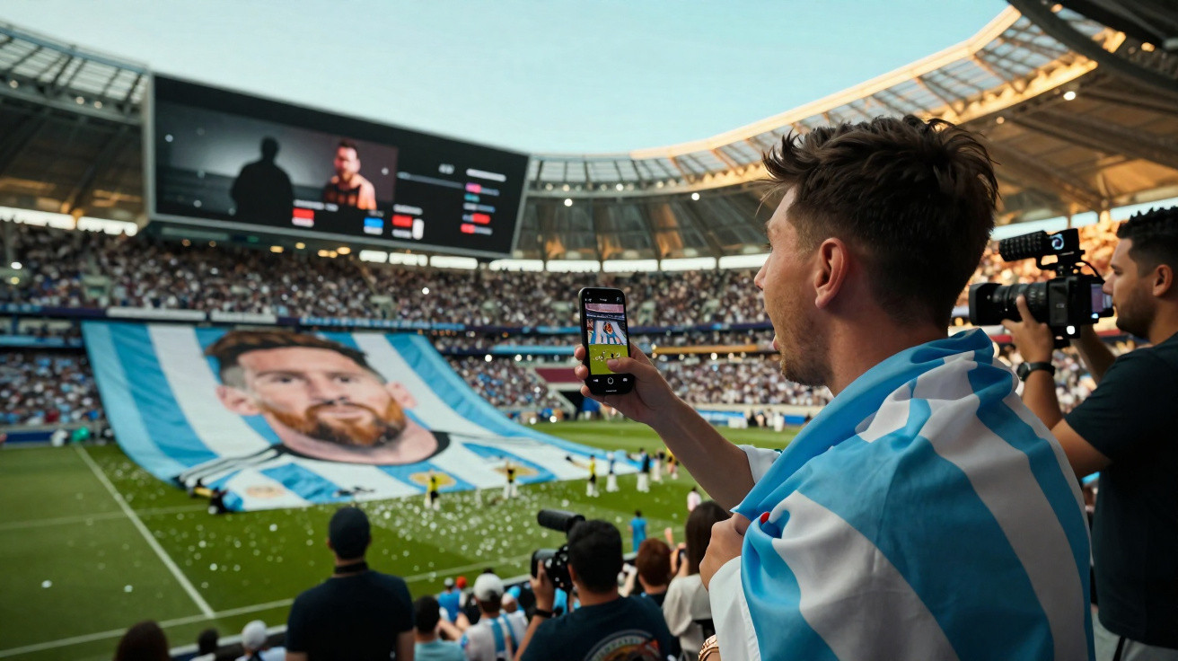 Fußballfan mit argentinischer Flagge filmt große bannerähnliche Portrait von Lionel Messi im Stadion.