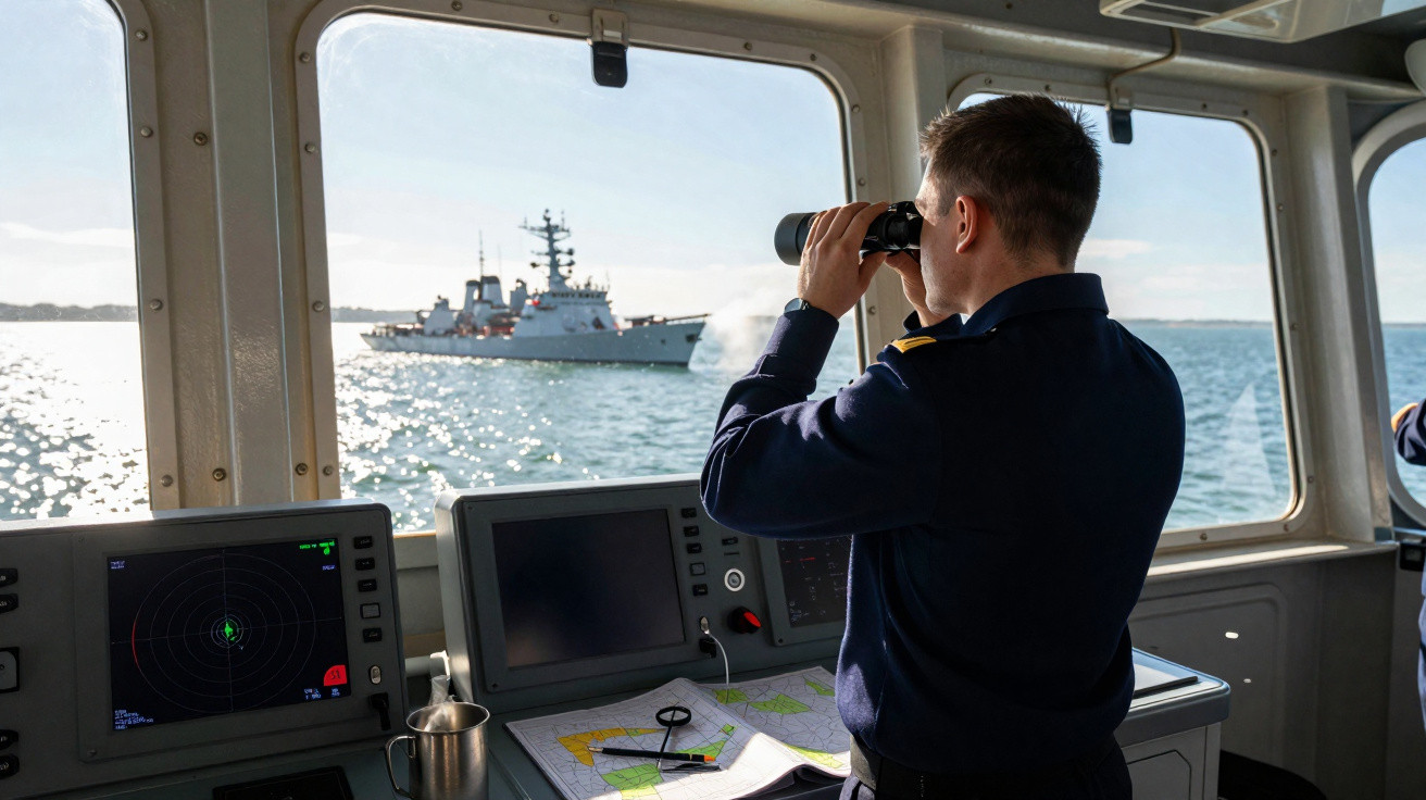 Mann in Marineuniform schaut mit Fernglas auf ein Kriegsschiff vom Steuerstand aus auf dem Meer.