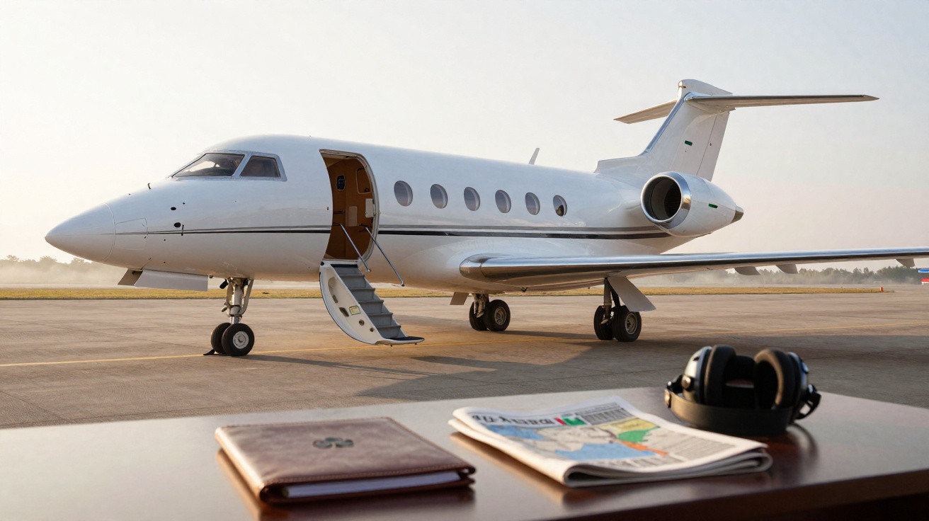 Weißes Geschäftsreiseflugzeug mit geöffneter Tür auf Flugfeld, Tisch mit Pass, Zeitung und Kopfhörern im Vordergrund.
