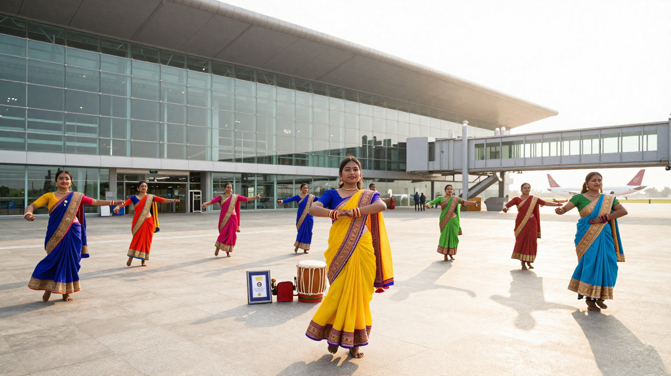 Gruppe von Frauen in bunten Saris tanzt vor einem modernen Flughafen-Terminal mit Flugzeugen im Hintergrund.