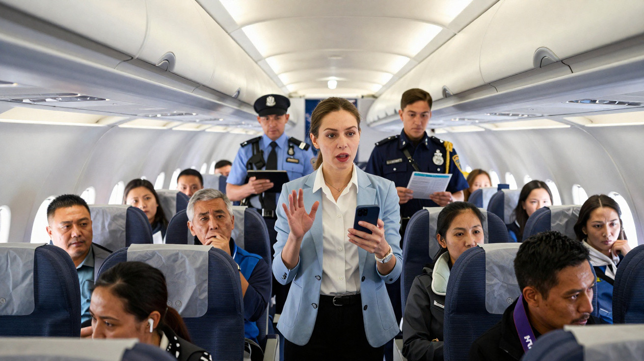 Frau spricht in Flugzeugkabine, zwei Polizisten kontrollieren, Passagiere schauen aufmerksam zu.