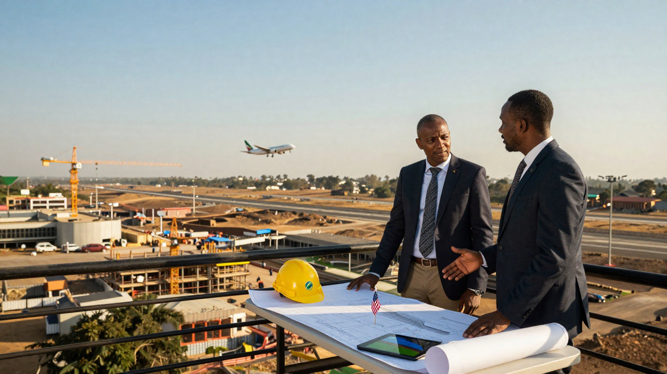 Zwei Männer in Anzügen besprechen Baupläne auf einer Baustelle mit Flughafen und Flugzeug im Hintergrund.