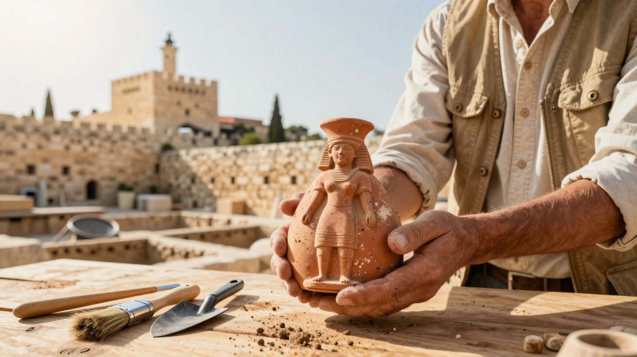 Archäologe hält eine antike Terrakotta-Statue mit Ausgrabungswerkzeugen auf Holztisch im Freien.