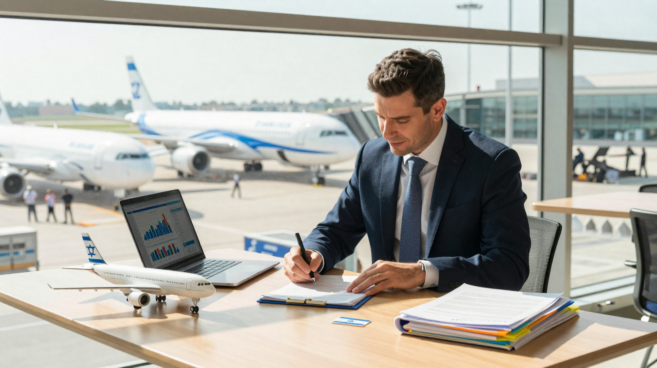 Geschäftsmann arbeitet am Flughafen mit Laptop, Akten und Flugzeugmodell am Fensterbrett.
