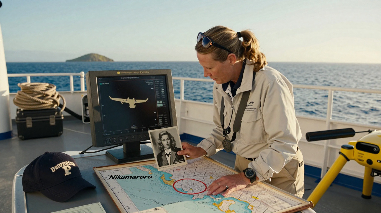 Frau auf Schiff analysiert Seekarte von Nikumaroro und hält Foto einer Frau, Monitor zeigt Flugzeugdarstellung.