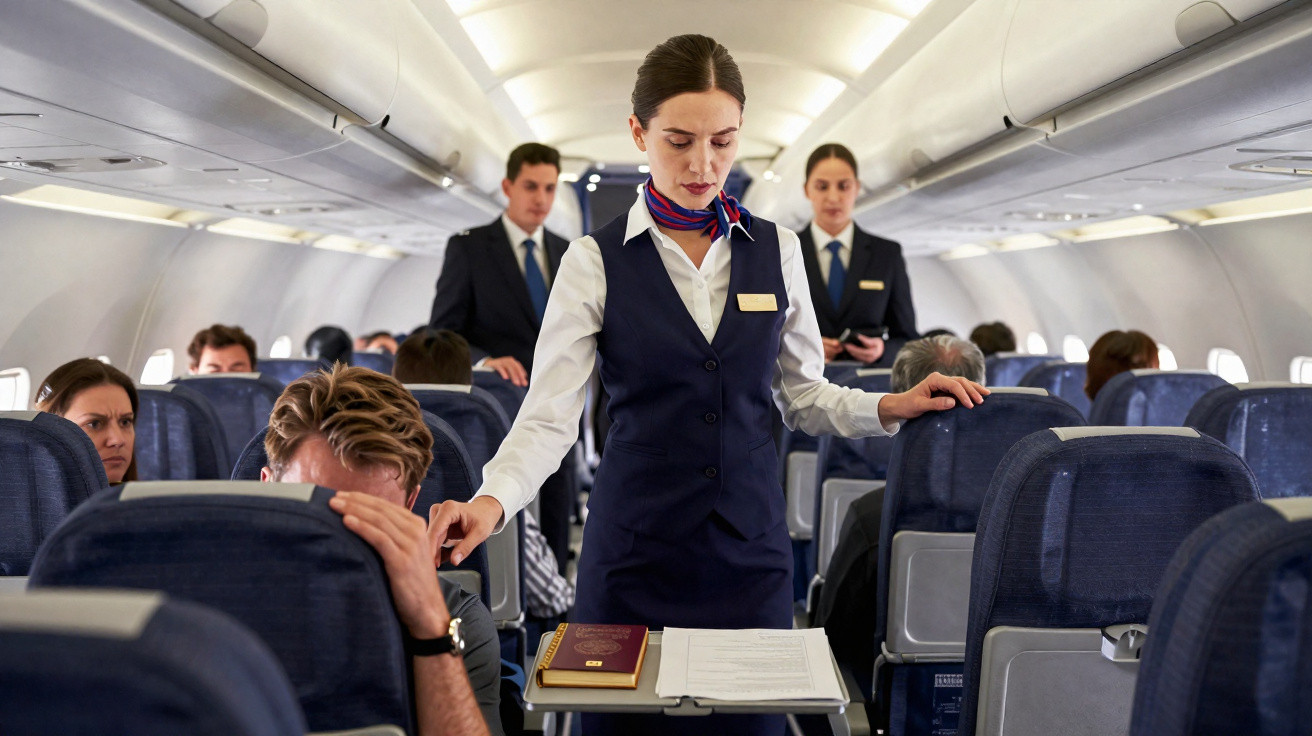 Flugbegleiterin beruhigt einen Passagier in einem voll besetzten Flugzeug mit weiteren Crewmitgliedern im Hintergrund.