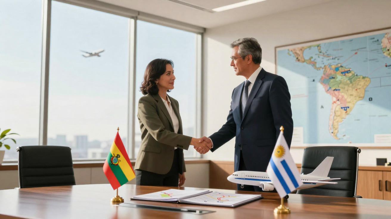 Zwei Personen schütteln sich vor Flaggen von Bolivien und Uruguay in einem Büro mit Flugzeugmodell die Hand.