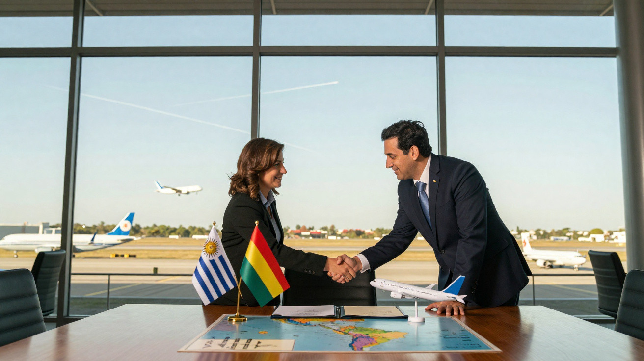 Zwei Personen schütteln sich am Flughafen die Hand, auf dem Tisch stehen Uruguay- und Bolivien-Fahnen und eine Weltkarte.