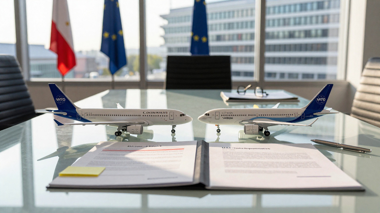 Zwei Flugzeugmodelle auf einem Glastisch mit Verträgen, Kugelschreiber und Bürostuhl im Hintergrund.