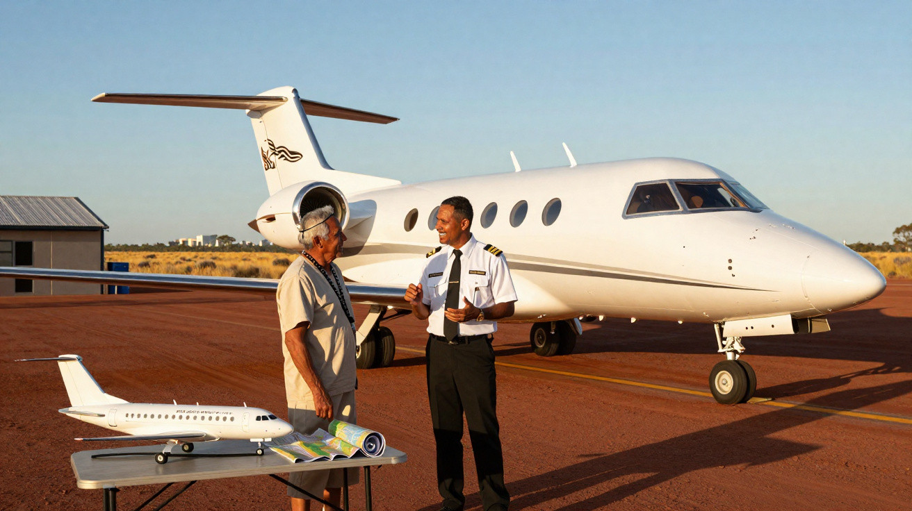 Ein Pilot und ein Mann in traditioneller Kleidung unterhalten sich vor einem weißen Privatjet auf dem Rollfeld.