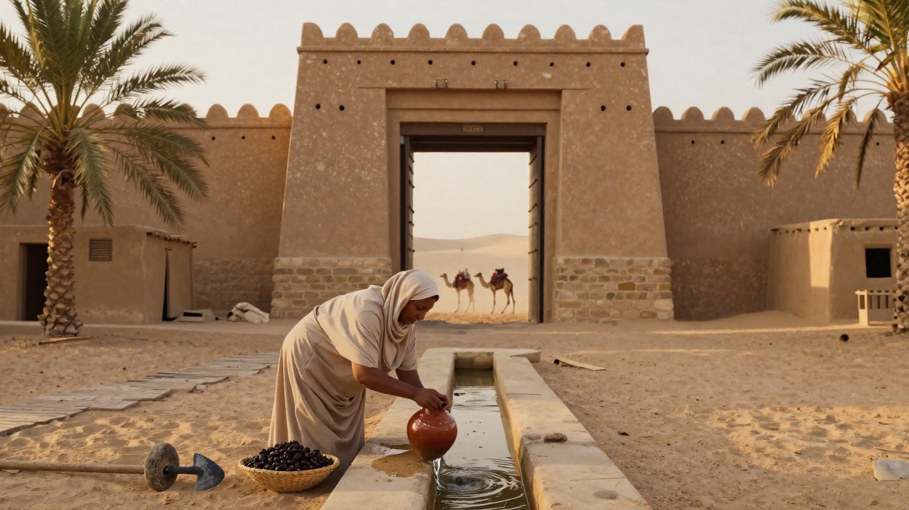 Frau in traditioneller Kleidung schöpft Wasser aus einem Brunnen vor altem Tor mit Kamelen und Palmen im Wüstensand.