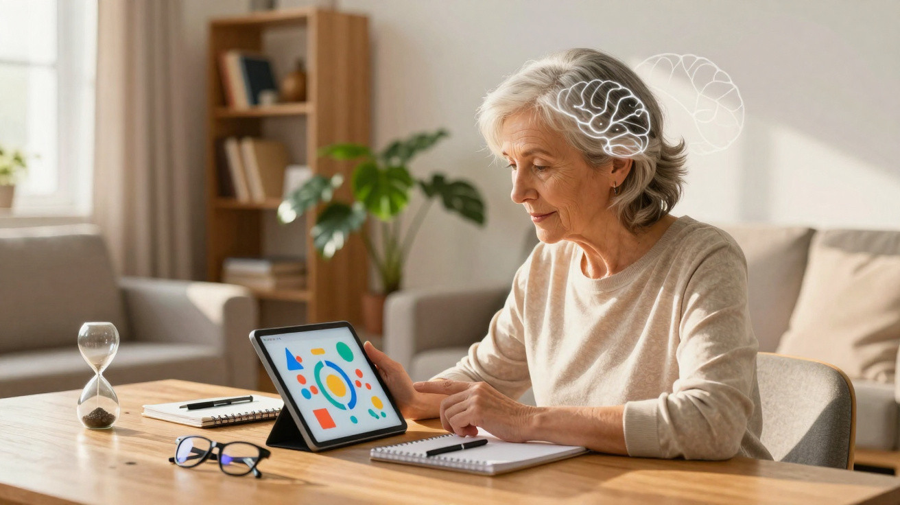 Ältere Frau arbeitet am Tablet mit Grafiken, umgeben von Brain-Illustrationen, in einem hellen Wohnzimmer.