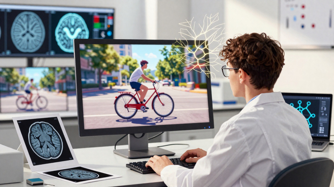 Neurowissenschaftler analysiert Gehirndaten am Computer, neben Gehirnscans und neuronalen Grafiken.
