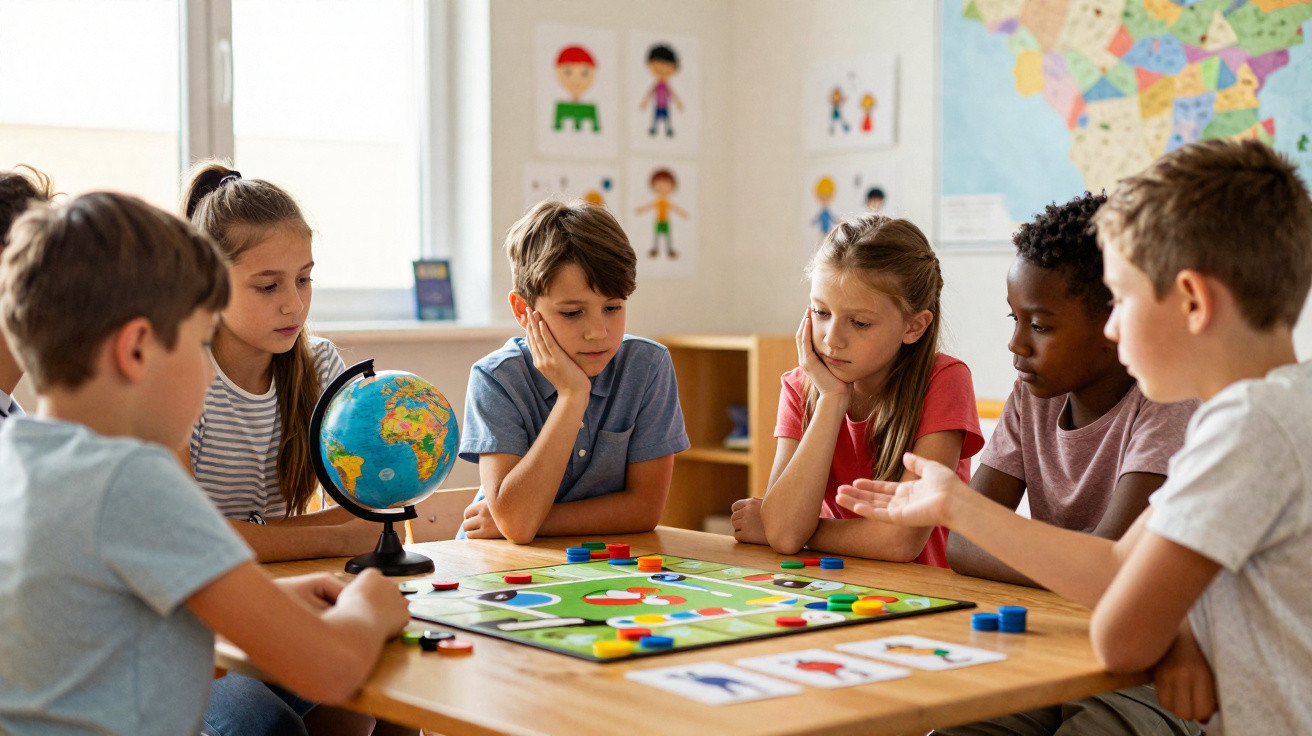 Sechs Kinder sitzen an einem Tisch und spielen ein Brettspiel mit bunten Spielsteinen in einem Klassenzimmer.