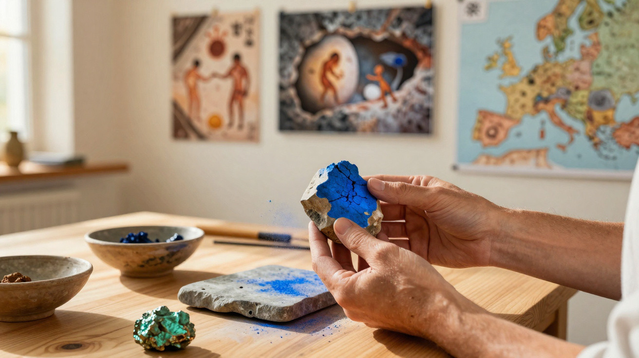 Hände halten ein zerbrochenes Gestein mit blauem Pigment, auf Holztisch liegen Schalen und ein Steinstück mit Blaufarbe.