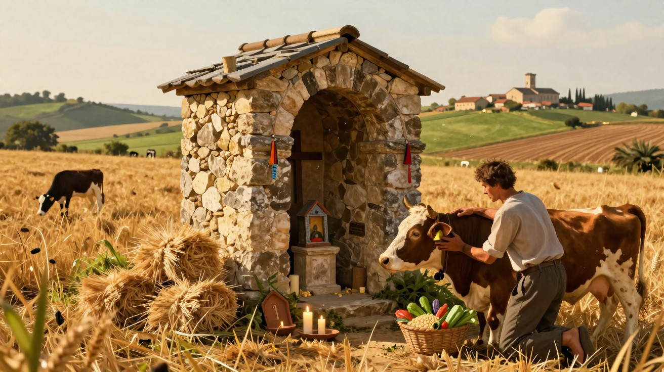 Mann streichelt Kuh neben kleinem Steinaltar auf Feld mit Getreide, Körben und brennenden Kerzen.